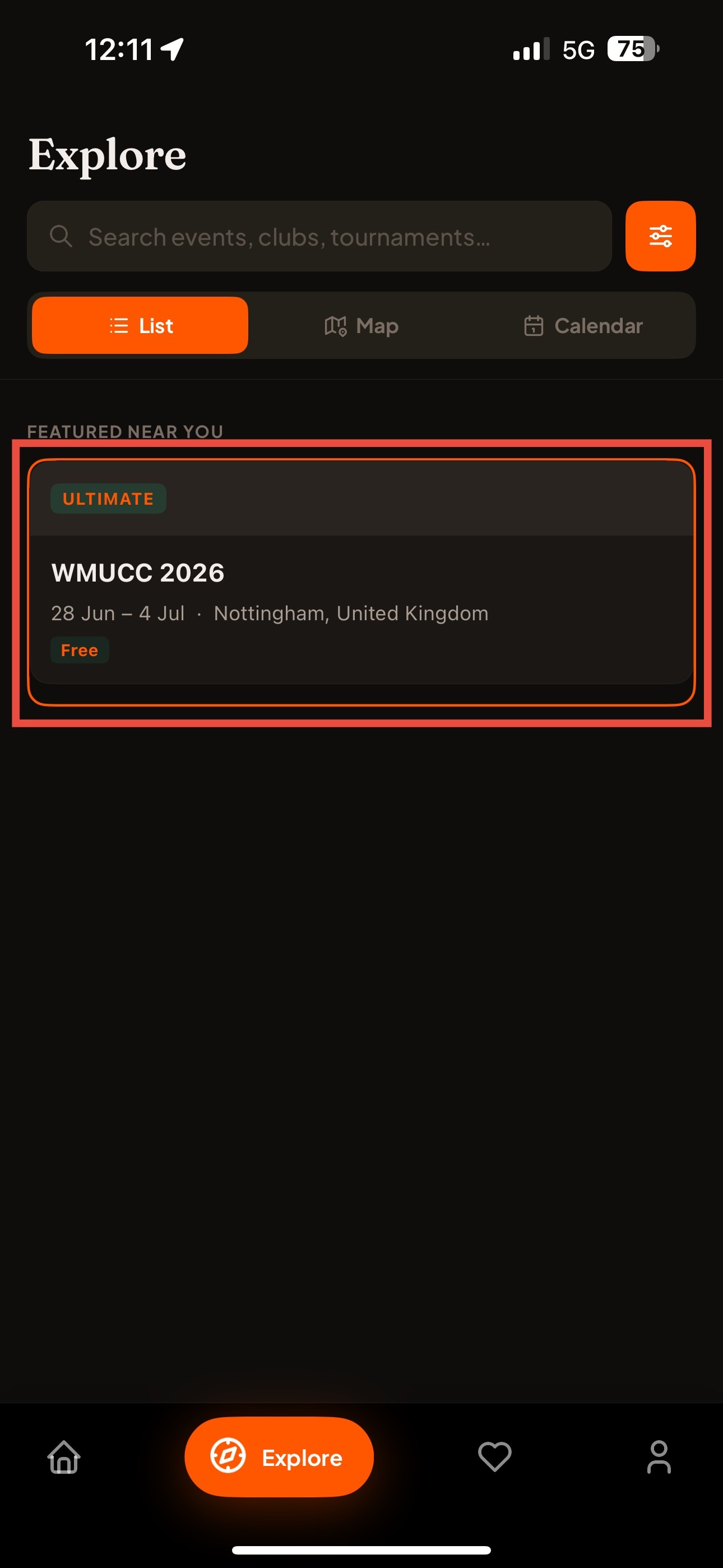 The HomeTurf Explore page, used to find the tournament your team was a part of.
