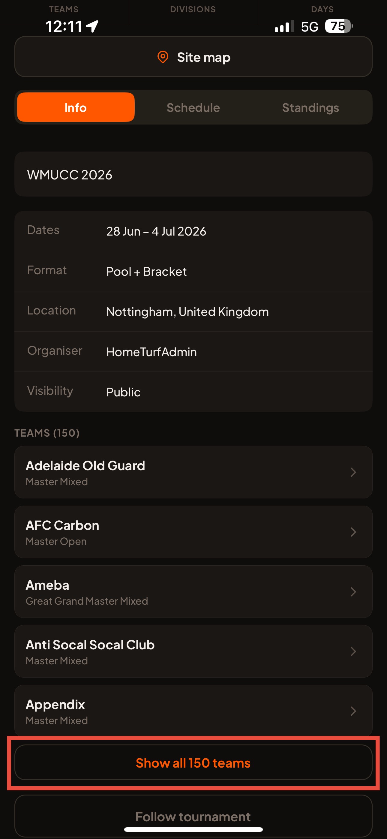 The Info section of a public tournament page, showing the list of teams where you can find yours.