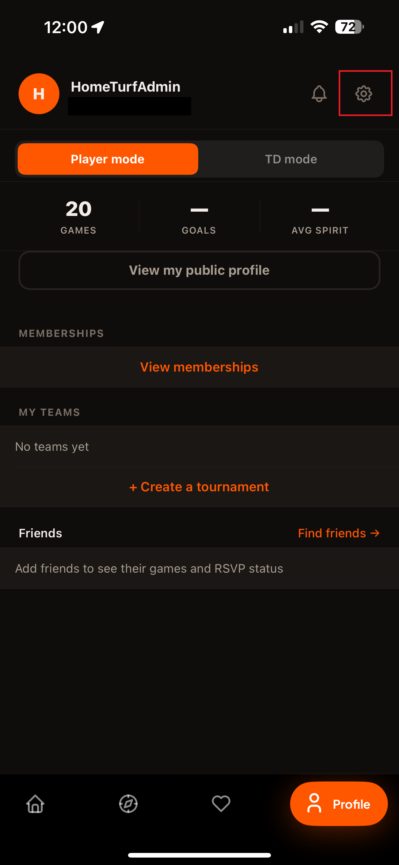 The HomeTurf Profile tab, with the settings gear icon in the top-right corner of the screen.