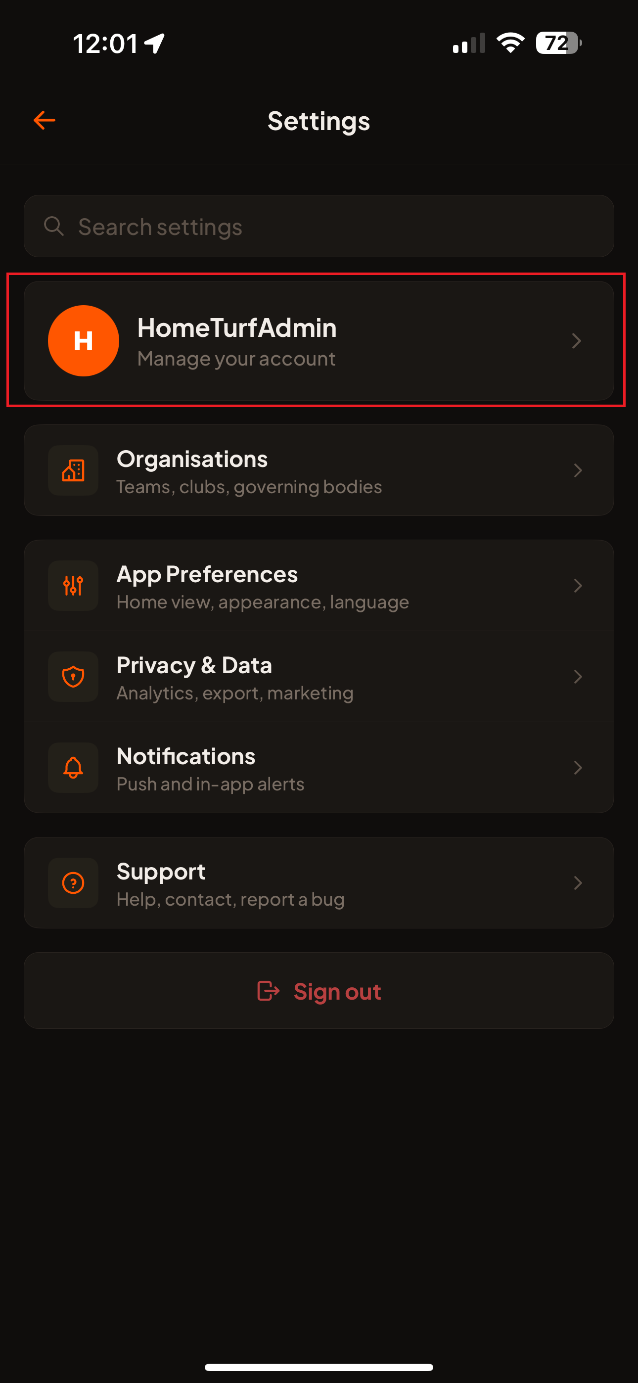 The HomeTurf Settings screen, with your name and “Manage your account” as the first item at the top.