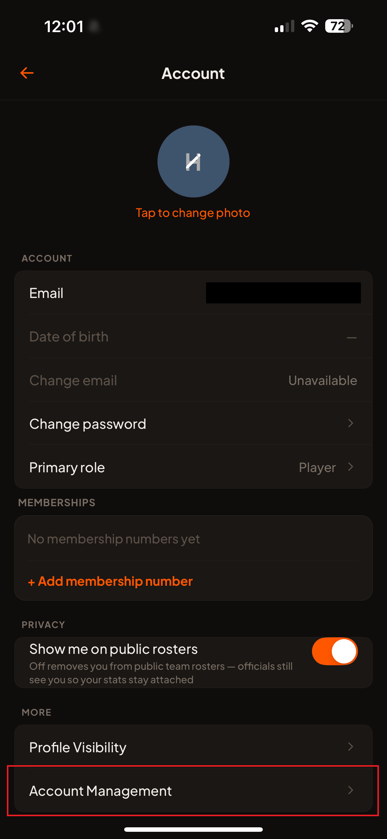 The HomeTurf Account screen, showing the Account Management row under the “More” section.