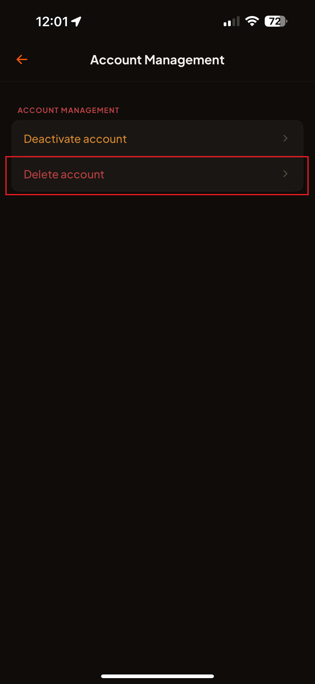 The HomeTurf Account Management screen, showing the Delete account option beneath the heading.
