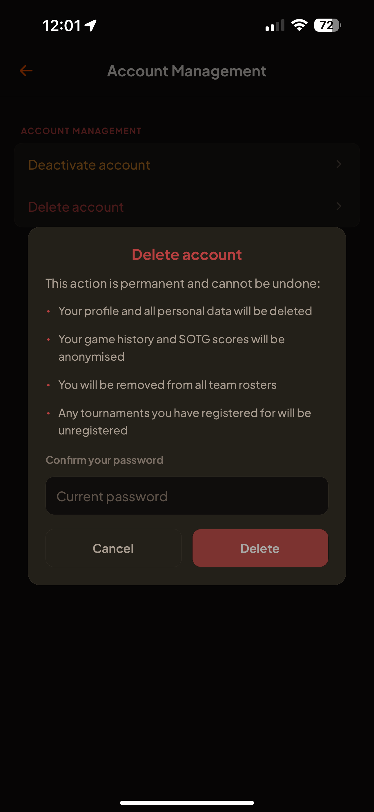 The HomeTurf delete-account confirmation screen, asking for your password before the final Delete button.