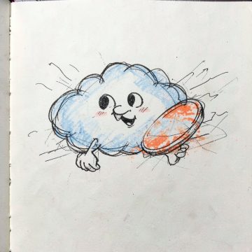 Gusty, a smiling cloud blowing a disc along