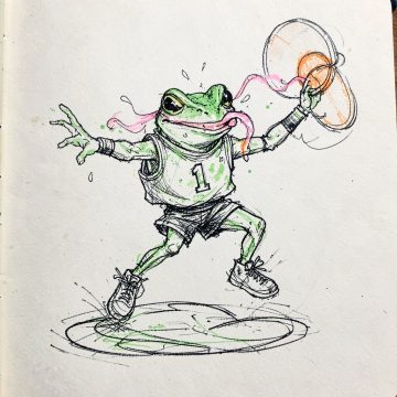 Lickety, a frog in a number 1 vest snatching a disc with its tongue